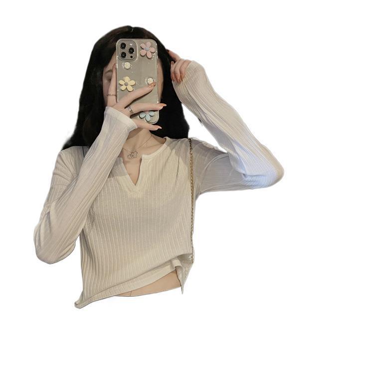 白色打底衫女内搭春秋长袖t恤女2025年新款修身v领chic外穿上衣服|undefined