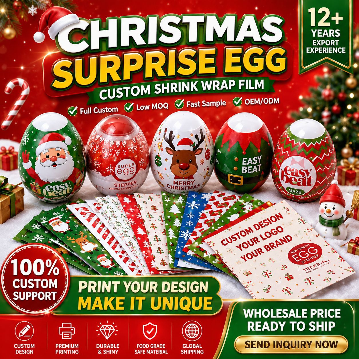 Película Termoencogible para Huevos Sorpresa de PVC y PET Impresa Personalizada para Juguetes de Navidad