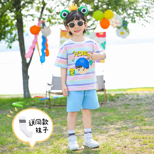 男女儿童装夏季薄款条纹套装2024短袖班服园服针织上衣短裤两件套