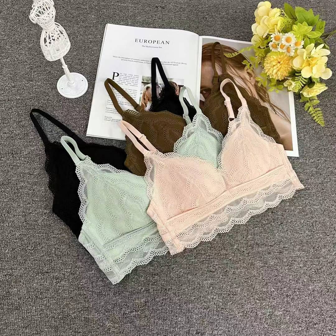 Bra de encaje del sudeste asiático, ropa interior de mujer, bra de copa triangular francesa, verano sin anillo de acero, copa delgada, algodón sexy y cómodo para la piel