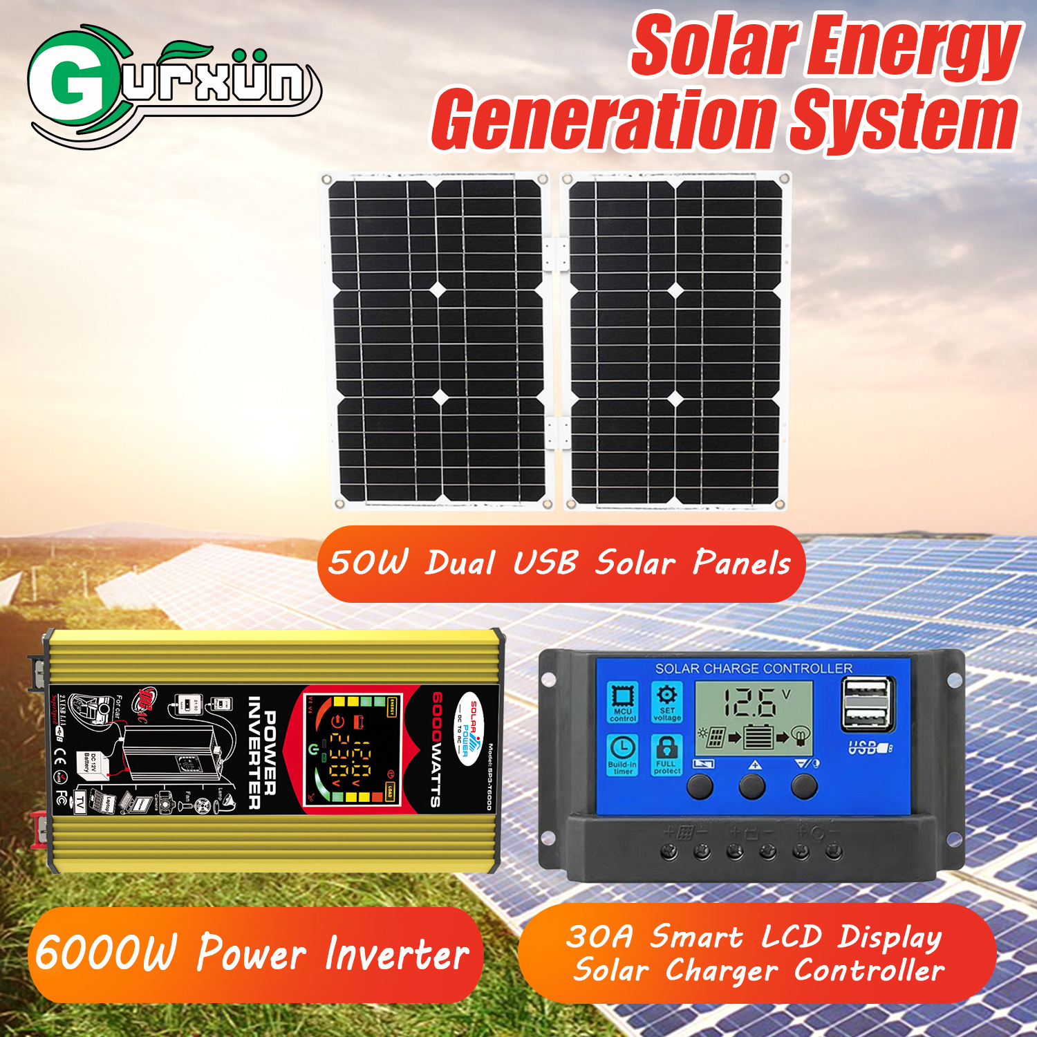 Solar package 12V to 220V car inverter 50W folding solar panel 30A controller TEMU