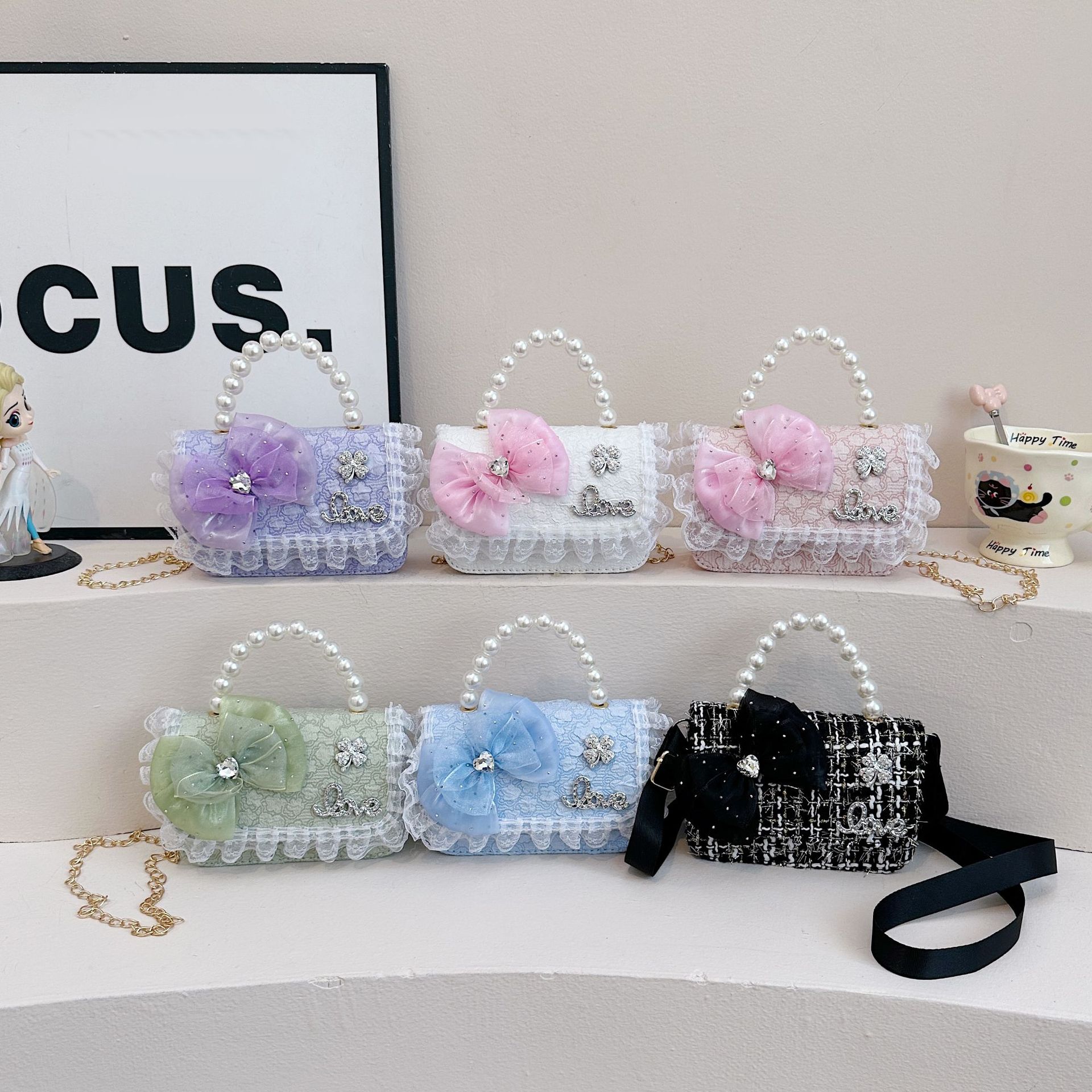 Bolso de moda para niños, bolso de cinturón de cadena de chicas, bolso de hombro de dibujos animados lindo, bolso de perla brillante, bolso pequeño