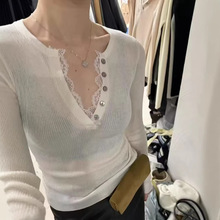 法式纯欲蕾丝v领内搭打底衫女春季修身显瘦针织衫亨利领长袖上衣