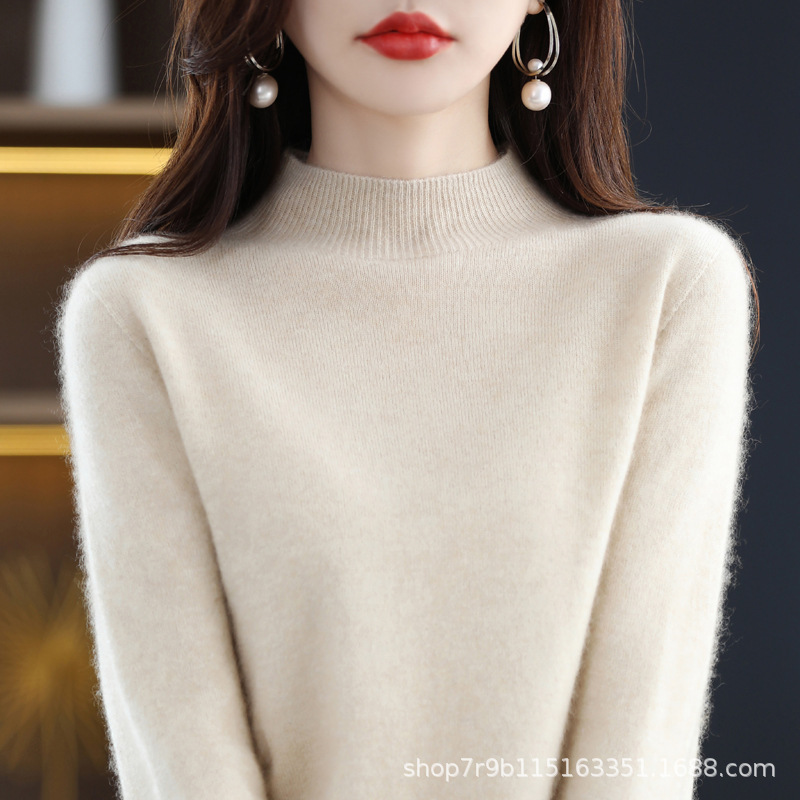 New Autumn and Winter Pure Wool Sweater Half Turtleneck One-Line Ready-To-Wear Cardigan Knitted Sweater Women's Loose Pullover Bottoming Shirt