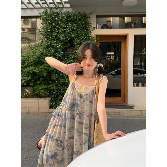 2025新款法式碎花吊带连衣裙女夏季小个子气质收腰长裙欧美|undefined