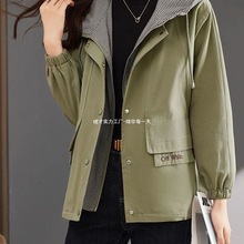 风衣女秋2025新款时尚感气质休闲时尚格子拼接连帽女士外套上衣春