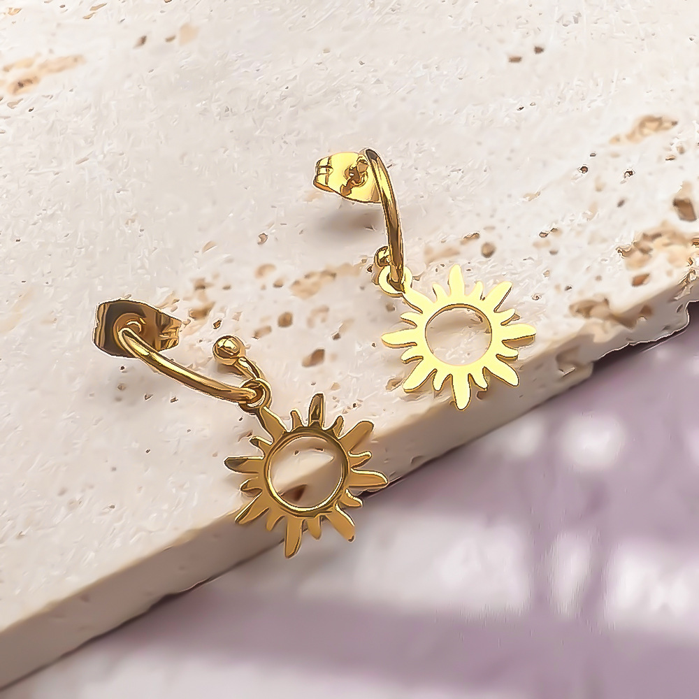 1 Pair Vintage Style Sun Leaves Eye Plating Stainless Steel Drop Earrings display picture 4