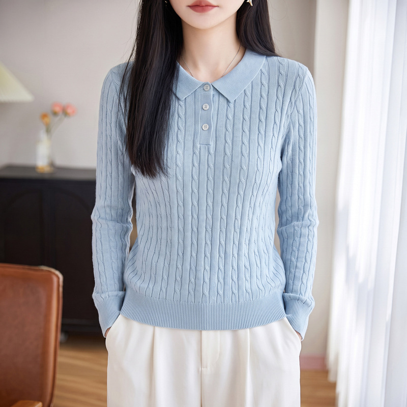 Elegant and sophisticated style, new autumn/winter loose-fit knitted polo shirt for women, featuring a retro cable knit design, half-button closure, and suitable as an inner layer Elegant and sophisticated style, new autumn/winter loose-fit knitted polo shirt for women, featuring a retro cable knit design, half-button closure, and suitable as an inner layer