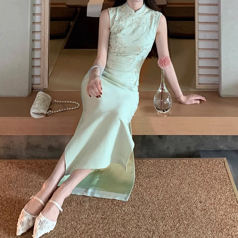 锦倩【青绣】新中式气质优雅绣花改良旗袍夏季女绝美连衣裙旗袍领|undefined