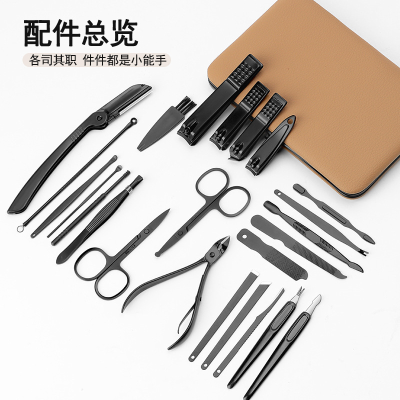 Nailcutter set pinzas de garganta 24 piezas set bolsas de cuero tijeras de uñas caseras pedicura herramientas de manicuras muertas empujadas image 3