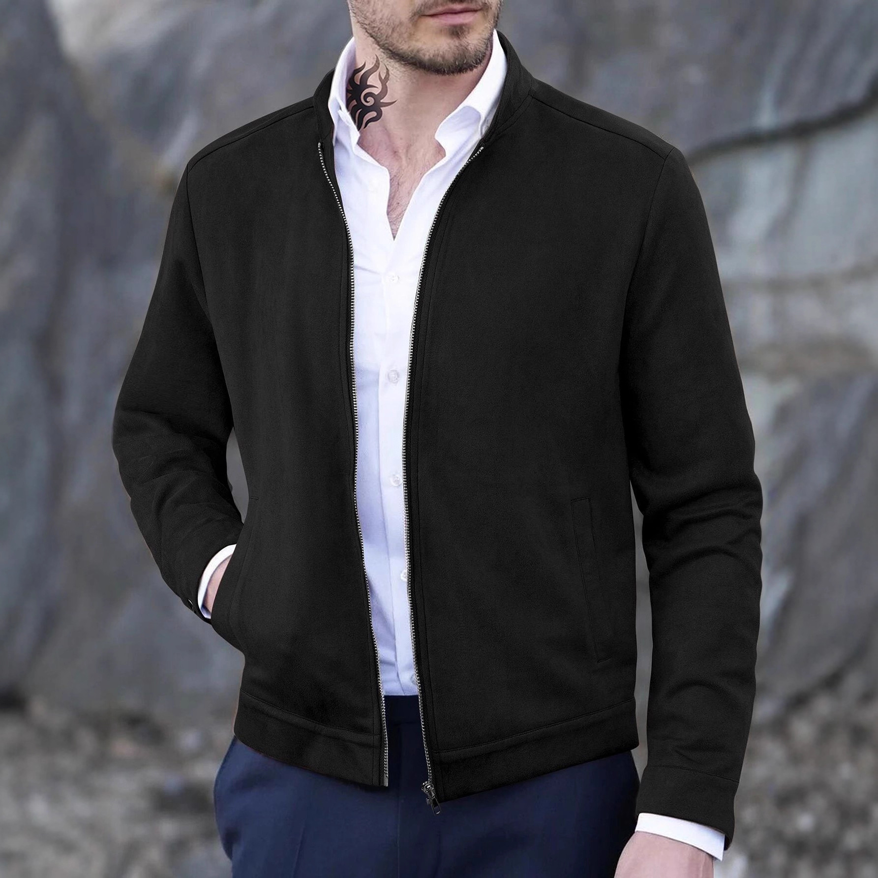 Nuevo comercio exterior de estilo europeo otoño y invierno delgado cuello redondo de manga larga cardigan de cuello vertical personalidad de estilo europeo y americano chaqueta casual para hombre