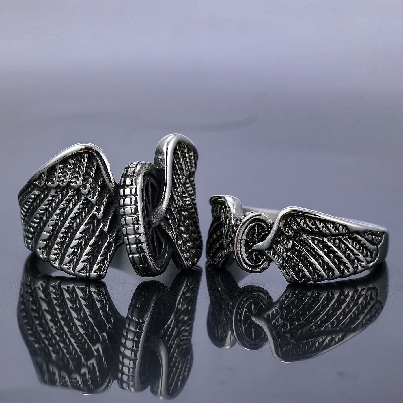 跨境个性欧美机车风系列戒指钛钢车轮翅膀造型男女款钛钢戒指现货