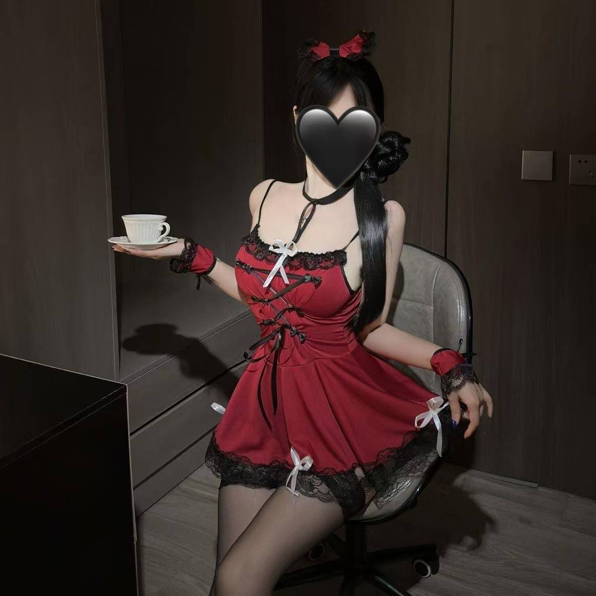 Maid Roleplay Lingerie Set with Red Uniform and Black Bodystocking — detail image 2