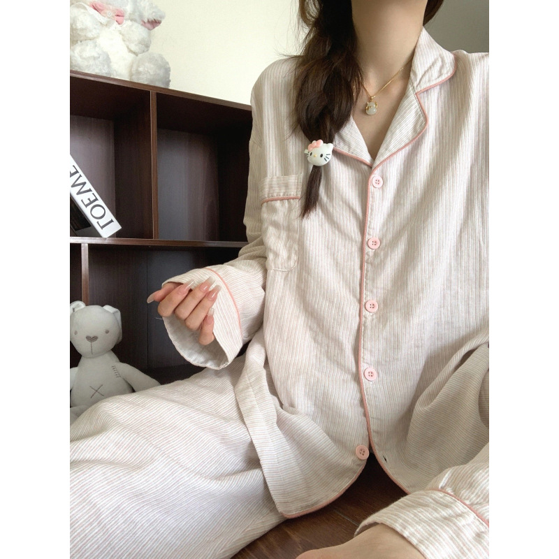 ins韩版条纹睡衣女春秋季长袖套装高级感云朵棉纱布家居服可外穿|undefined