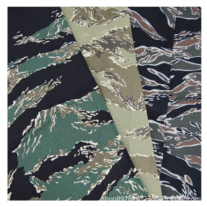厂家现货纯棉珠帆格五分格虎纹迷彩印花面料 蛇皮纹迷彩 帽子面料