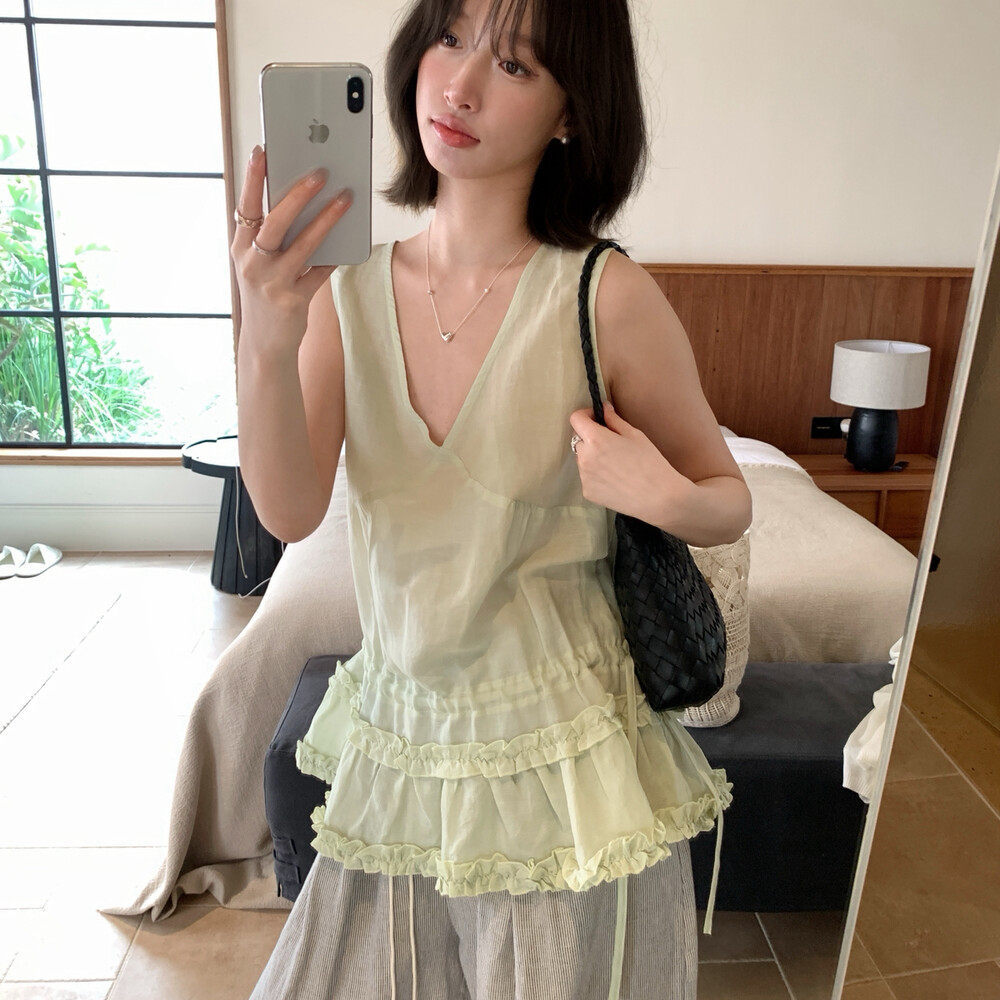 Áo hai dây nữ cổ V phối ren bèo nhún phong cách Hàn Quốc — Xanh nước biển, trắng ngà, Dưa lưới, Hồng cam