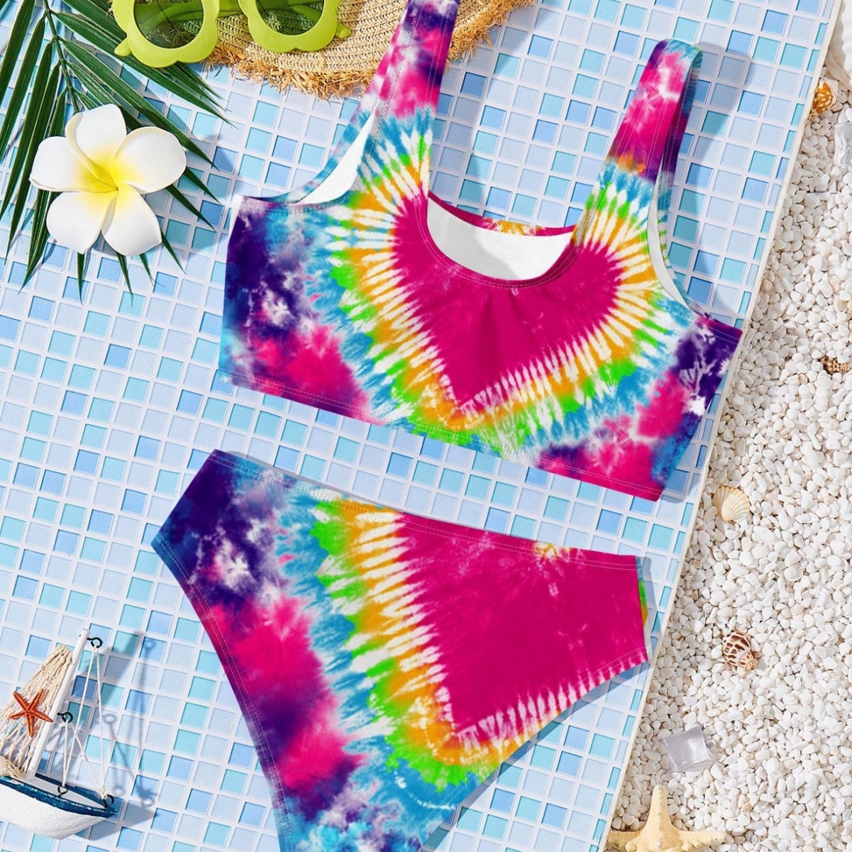 Conjunto de biquíni infantil de duas peças com estampa fofa, roupa de banho moderna para meninas de 3 a 7 anos._voghion.com