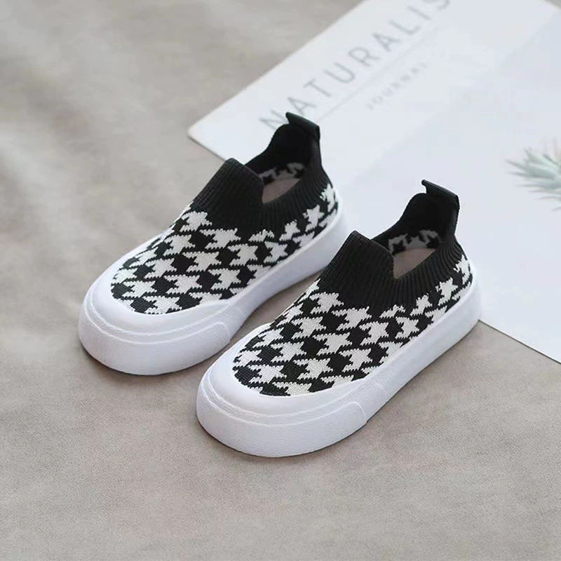 Children's Slip-On Knit Sneakers, Houndstooth Pattern, Spring–Autumn, Sizes 24–33