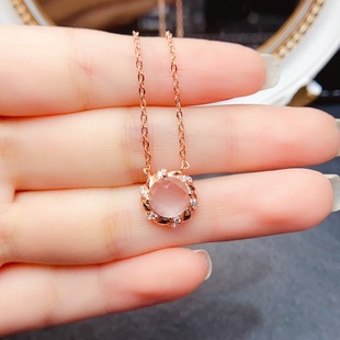 New Natural Pink Crystal Necklace S925 Silver Inlaid Main Stone 8*8mm Versatile Popular Trendy Women's Jewelry Wholesale
