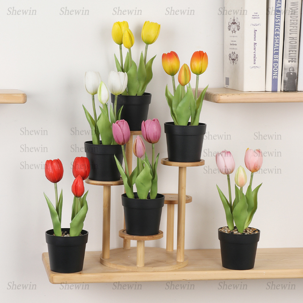 Planta Artificial de Tulipán en Maceta de Plástico de 3 Cabezas, PVC Blando, Tacto Real para Decoración del Hogar y Mesa