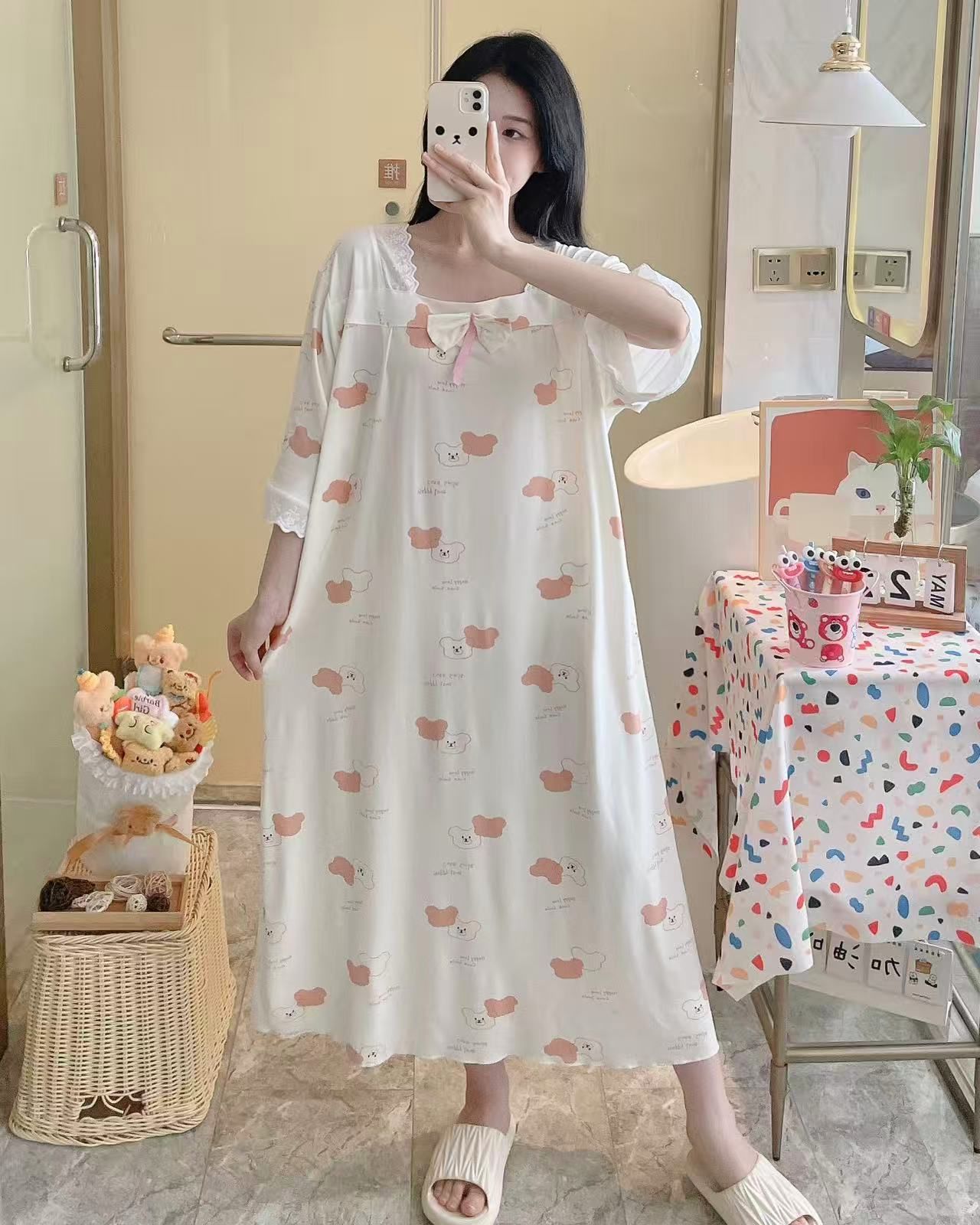 Transfronterizo al por mayor imitación de algodón dulce dibujos animados mangas cortas pijamas de primavera y otoño mujeres verano ropa larga y delgada suelta para el hogar