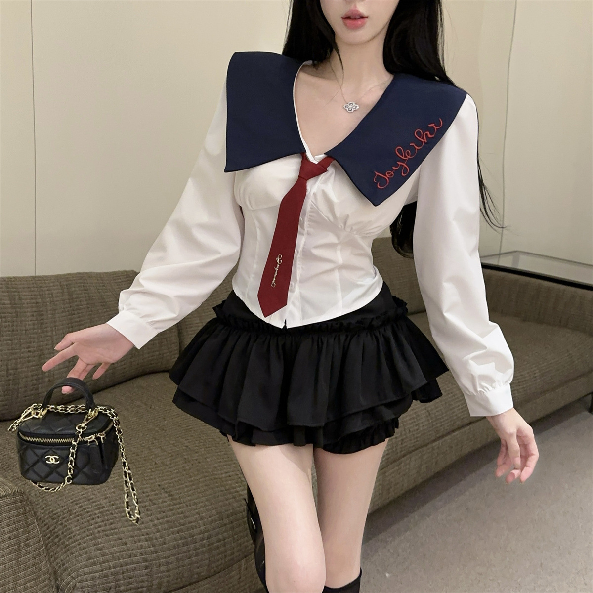 대학 스타일 JK 유니폼 뜨거운 소녀 편지 인쇄 긴 소매 넥타이 상단 세트 높은 허리 케이크 바지 스커트 투피스 세트