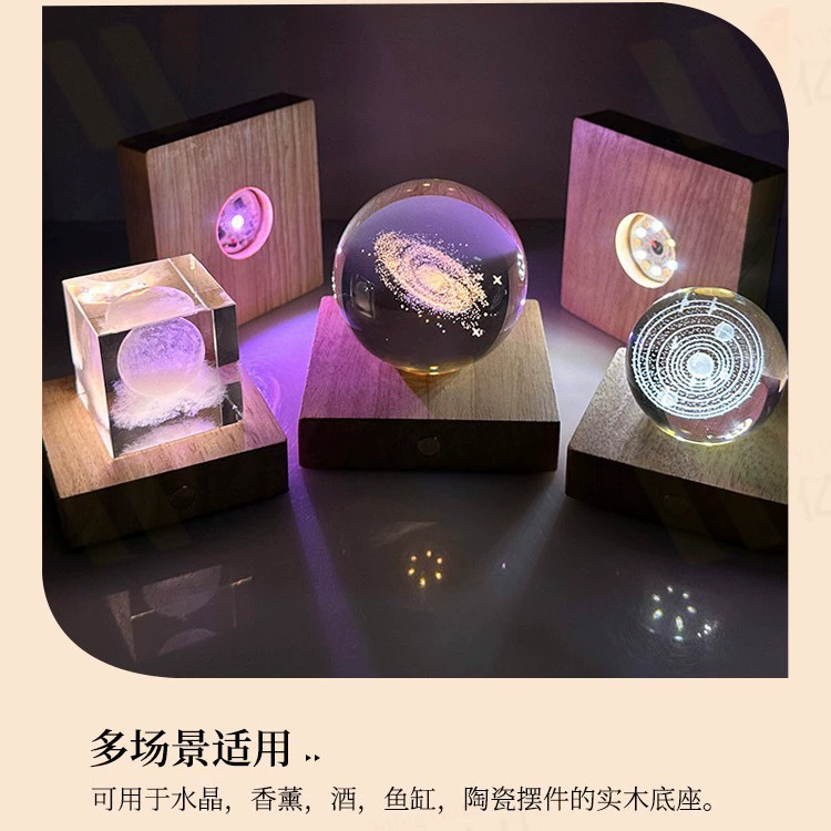 Настольная лампа с подставкой из массива дерева, светящийся хрустальный шар, круглая подставка для ночника, теплый белый свет, USB-питание, светодиодная лампа