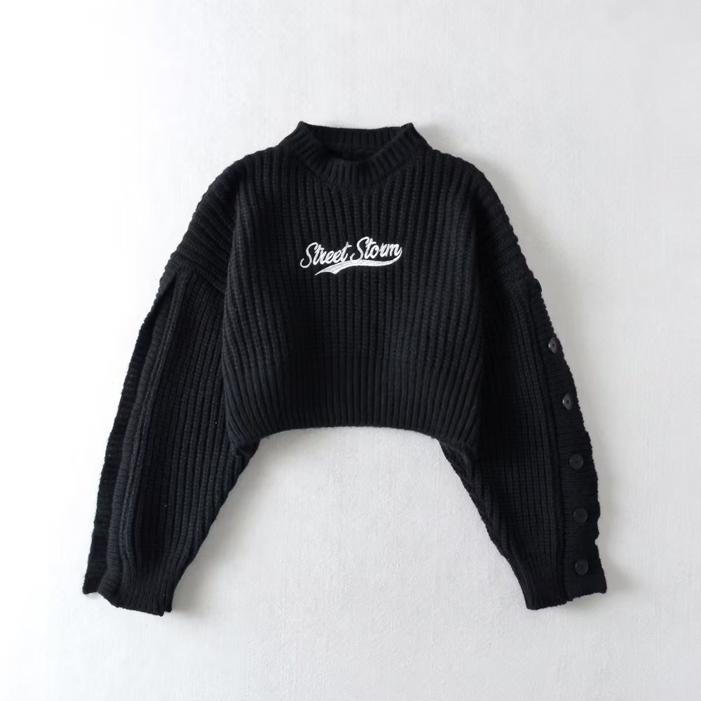 Round neck letter embroidery loose long sleeve knitted crop sweater NSXDX139169