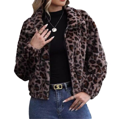Flash velvet 2026 cross-border women's clothing Amazon Europe and America autumn and winter new loose zipper long-sleeved leopard print plush coat