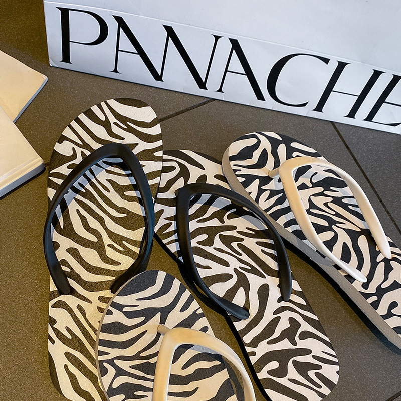 Trendy Fashion Zebra Pattern Women's Summer Non-Slip Outdoor Flat Toe Post Beach Sandals Thin Sole Washable_vogvips.com