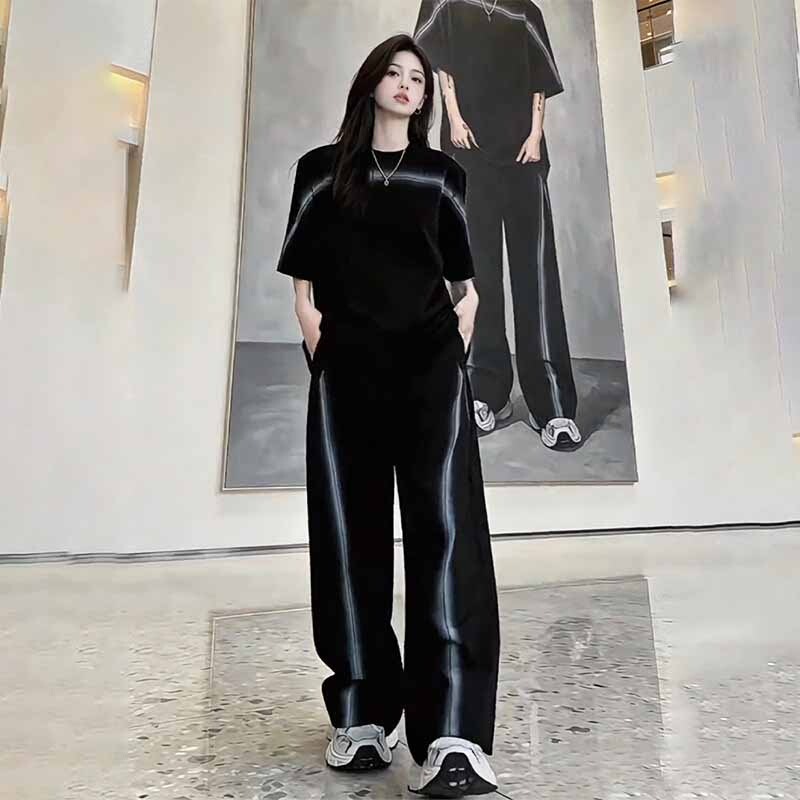 American-Style Color-Blocking Hand-Painted Line Short-Sleeve Casual Wide-Leg Pants Set for Men, Summer T-Shirt and Curved Pants Two-Piece Set