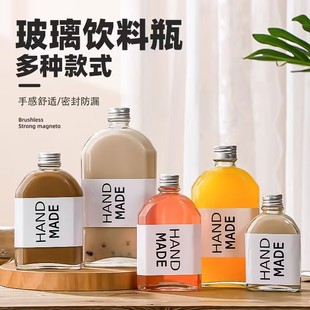 ♧ Beverage Bottle Glass Trendy Milk Tea Bottle Juice Bottle Disposable 0.1kg Small Liquor Bottle Slanted Shoulder Empty Bottle Sealed with Lid