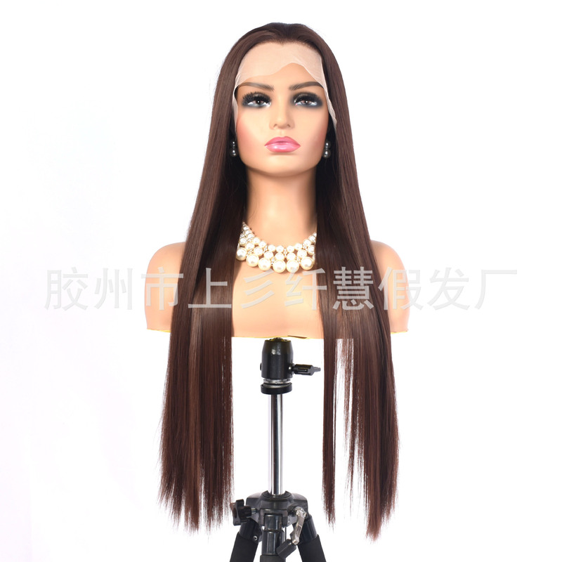 Ancient-Style Men's Single-Pointed Lace Front Synthetic Wig, Dark Brown Long Straight Hair, Traditional Chinese Clothing for Photography and Cosplay
