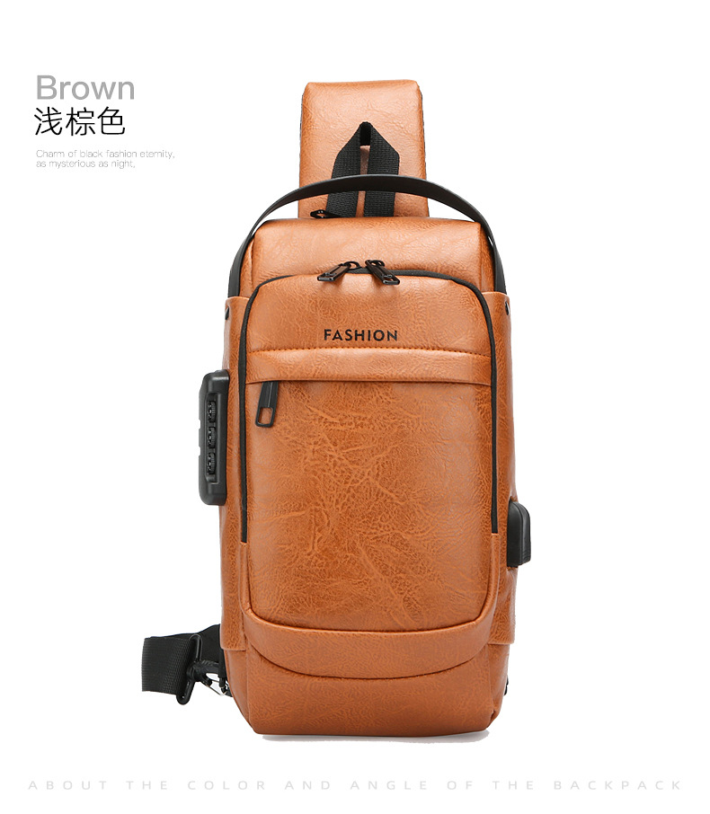 New men's chest bag, leather bag, crossbody bag, shoulder bag, sports mini backpack, multi-functional men's bag, combination lock, cross-border undefined