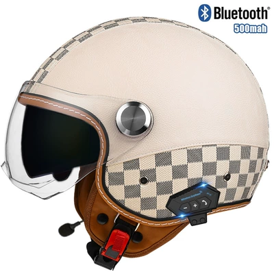 female male retro leather helmet, Motosiklet kaskı (dəbilqə) - checkerboard-off-white-short-outside-and-tea-inside-bluetooth-m