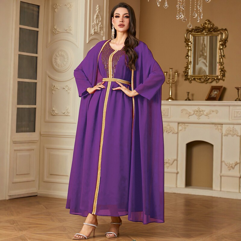 Cross-Border Elegant Long Robe for Women, Fashionable Sequin Embroidery Chiffon Two-Piece Dress, Loose Cardigan Gown, New Style Cross-Border Elegant Long Robe for Women, Fashionable Sequin Embroidery Chiffon Two-Piece Dress, Loose Cardigan Gown, New Style