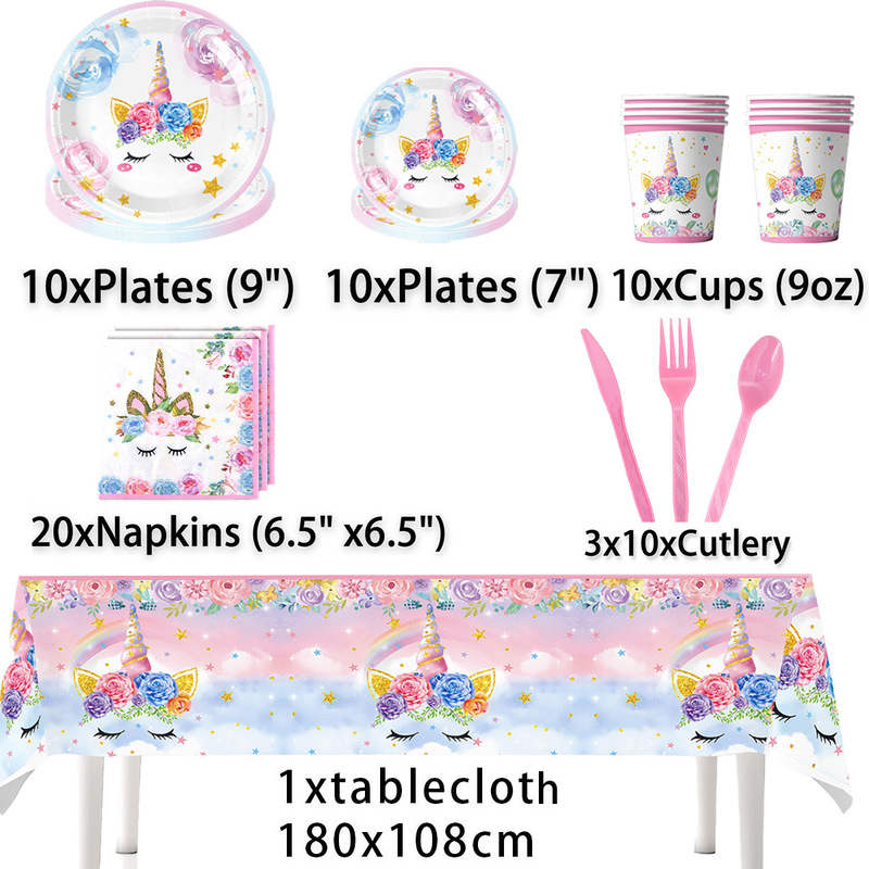 Spot Pink Unicorn Black Eyelashes Tableware Set Party Birthday Paper Cup Paper Plate Paper Towel Tablecloth Decoration Supplies