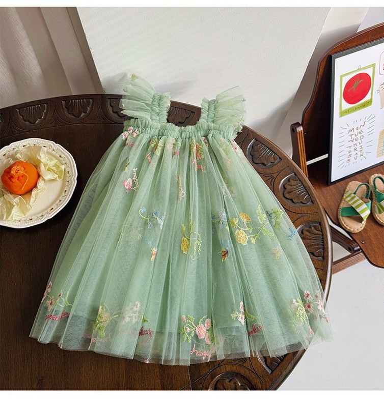 新しい蝶刺繍プリンセスドレス女の子メッシュドレスフライングスリーブドレスベビーチュチュスカートドレス|undefined