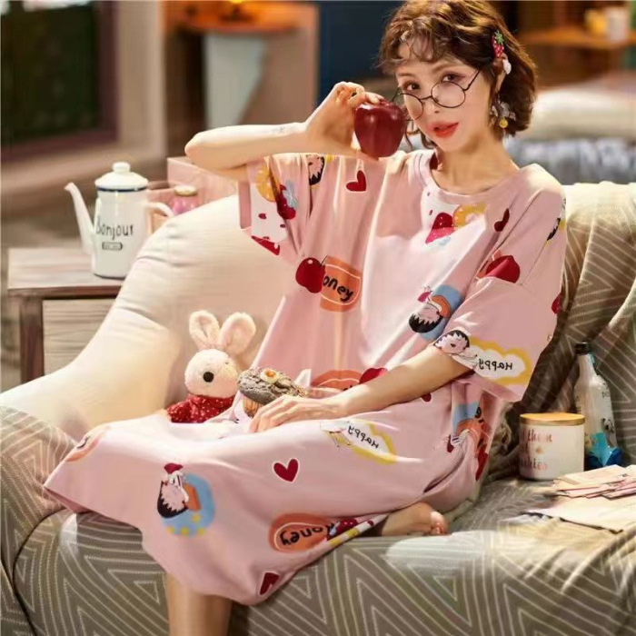 Verano nuevos estudiantes en línea largos de manga corta tamaño grande lindos inns pijamas de mujer suelta ropa delgada de mujer