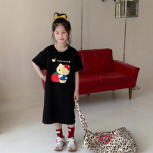 童裙2025夏款女宝宝韩版字母卡通短袖裙子儿童圆领休闲宽松连衣裙
