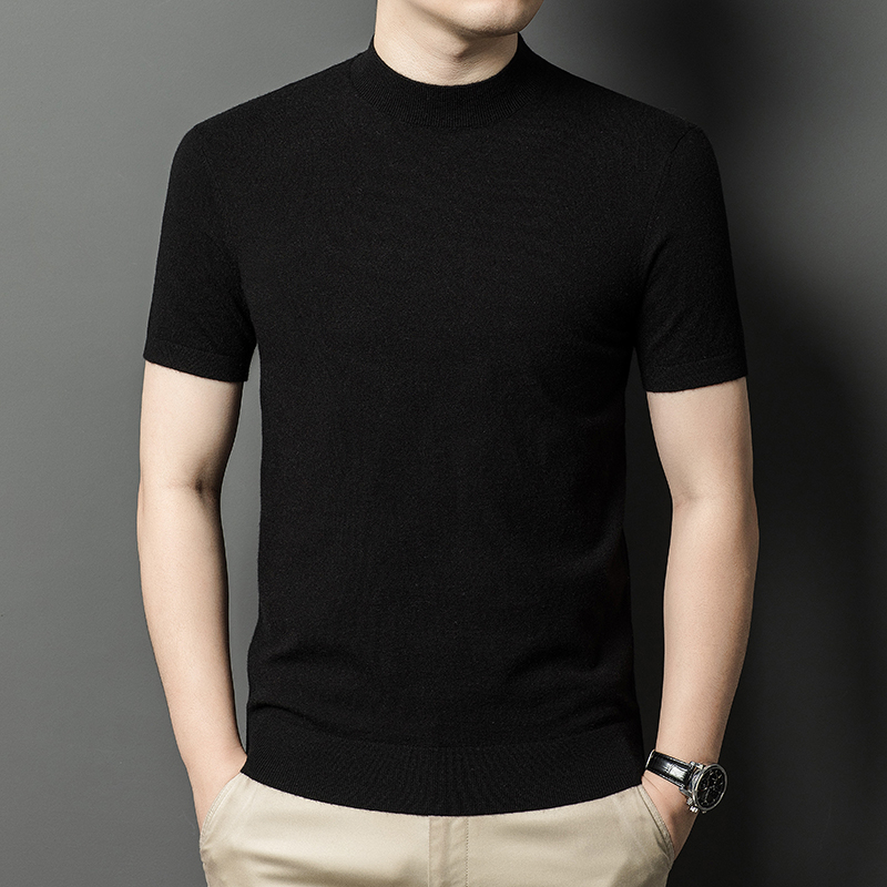 Ordos 100% cachemira pura, hombre de manga corta, suéter de lana de punto de cuello medio alto, suéter de manga media gruesa
