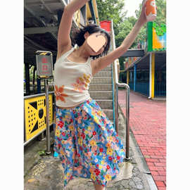 新品设计感印花蓬蓬花苞半身裙女新款洋气休闲小众碎花印花字裙女