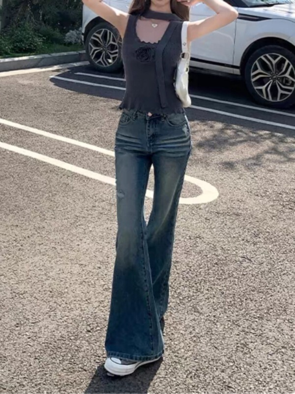 [Straight Leg Model] Jeans Women's Spring Retro Mid-High Waist Ripped Micro-Flared Straight-Leg Pants