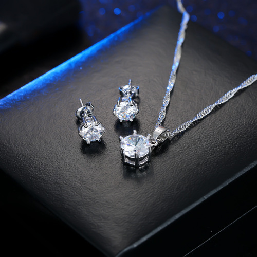 European and American cross-border minimalist claw set diamond necklace for women, elegant and versatile necklace earring wedding ring set