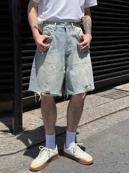 American Style Trendy Brand Vintage Washed Old Ripped Denim Shorts Men's Summer Ripped Handsome Casual Loose Wide Leg Pants