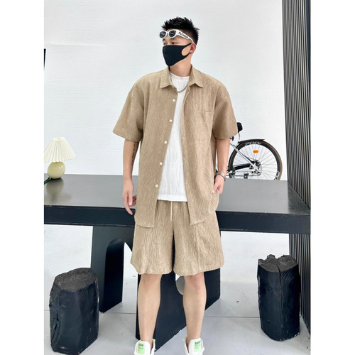 Korean Route Japanese Men's Casual Retro Solid Color Pocket Short Sleeve Shirt Men Spring and Summer Loose Trendy Work Shirt Outerwear