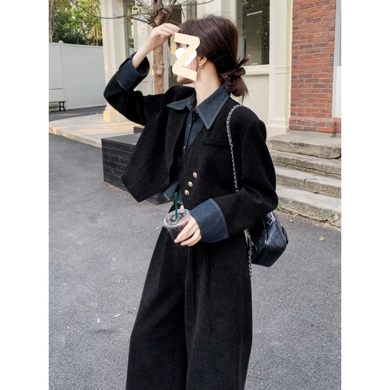 Французский ретро-костюм премиум-класса: топ и брюки, весна-осень, новый женский стиль, широкие брюки, имитация двухкомпонентного костюма