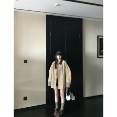 Skk Store 高智巴恩风 卡其色风衣撞色格纹拼接短款宽松外套女秋