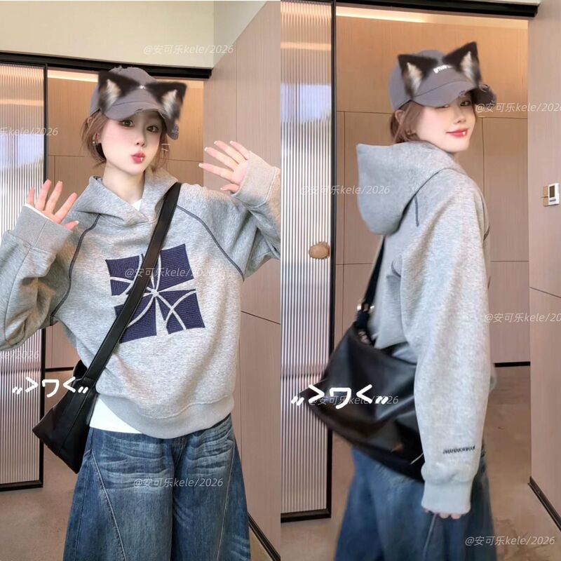 American-style trendy embroidered hooded thin sweatshirt for women, 2026 autumn high-street loose casual couple's outerwear American-style trendy embroidered hooded thin sweatshirt for women, 2026 autumn high-street loose casual couple's outerwear