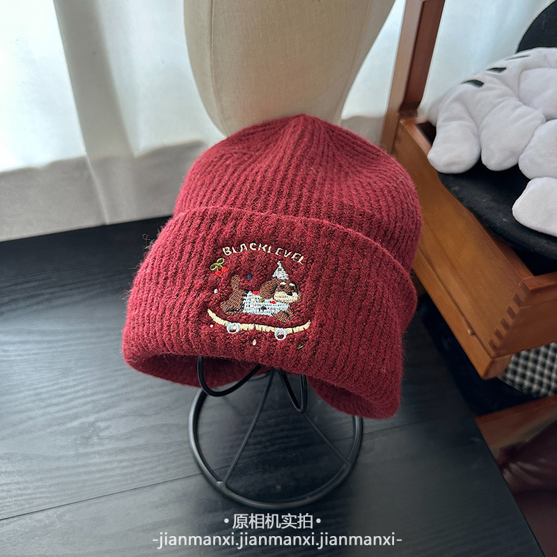 卡通可爱刺绣滑板小狗针织帽子女秋冬季保暖百搭慵懒显脸小包头帽|undefined
